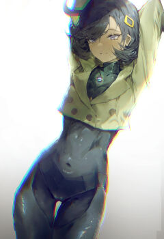 1girl arms_up black_bodysuit black_hair bodysuit bodysuit_under_clothes brown_jacket covered_navel cowboy_shot cropped_legs dark-skinned_female dark_skin emma_(pokemon) hair_ornament hairpin highres jacket long_sleeves looking_at_viewer mega_stone nintendo onedr pokemon pokemon_legends:_z-a purple_eyes short_hair simple_background solo thigh_gap white_background