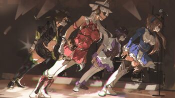 4girls absurdres animal_ears armband black_boots black_jacket black_shorts black_thighhighs blue_bow blue_dress blue_jacket blunt_bangs boots bow bowtie braid breasts brown_hair center_frills closed_mouth commentary crop_top daiwa_scarlet_(peak_blue)_(umamusume) daiwa_scarlet_(umamusume) dress ear_bow ear_ribbon ears_through_headwear english_commentary epaulettes fedora frills garter_straps gloves gold_ship_(red_strife)_(umamusume) gold_ship_(umamusume) grey_hair hair_intakes half_up_braid hat headset highres horse_ears horse_girl horse_tail jacket juliet_sleeves large_breasts layered_skirt leaning_to_the_side leggings long_hair long_sleeves mask medium_breasts michael_jackson microphone midriff mouth_mask multicolored_hair multiple_girls navel pantyhose ponytail puffy_sleeves red_dress saturn_(saturn_illus) shirt shorts skirt sleeveless sleeveless_dress smooth_criminal special_week_(umamusume) stopwatch stopwatch_around_neck striped_armband striped_clothes sunglasses tail thighhighs twintails umamusume very_long_hair vest vodka_(umamusume) vodka_(wild_top_gear)_(umamusume) watch white_boots white_gloves white_jacket white_leggings white_mask white_pantyhose white_shirt white_skirt white_thighhighs yellow_shirt