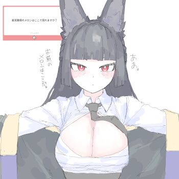 absurdres animal_ears black_hair blush breasts cat_ears colored_skin commentary_request highres hoshimi_miyabi large_breasts mocamocaink mummy_costume necktie no_bra red_eyes white_background white_skin zenless_zone_zero