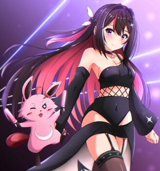 1girl alternate_costume azki_(hololive) black_garter_straps black_hair black_shorts black_thighhighs black_tube_top breasts cleavage closed_mouth colored_inner_hair commentary english_commentary garter_straps highres hololive long_hair looking_at_viewer medium_breasts moezi multicolored_hair pink_hair pink_streaks pioneer_(azki) purple_eyes shorts smile solo strapless streaked_hair thighhighs tube_top virtual_youtuber