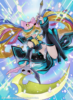 1girl black_skirt black_thighhighs black_tube_top blonde_hair blue_hair copyright_notice eldora_(wixoss) hair_over_one_eye holding holding_sack looking_at_viewer multicolored_hair official_art pink_hair ren-co sack skirt solo strapless streaked_hair thighhighs tube_top wixoss yellow_eyes