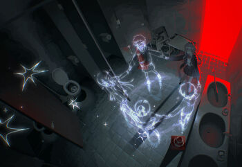 1girl baseball_bat bathroom black_jacket bow bowtie closed_eyes grey_hair hair_intakes highres jacket kuwei_(kuwei_2333) long_hair mop open_mouth original red_bow red_light school_uniform shirt smile soap solo toilet toilet_paper traffic_cone white_shirt