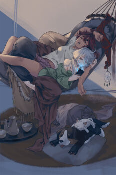 2girls camisole cat cellphone closed_eyes closed_mouth commentary cuddling cup cushion dog dreamcatcher expressionless green_camisole green_shorts grey_eyes grey_hair gundam gundam_suisei_no_majo highres holding holding_phone indoors long_hair mak_(kainemaru) miorine_rembran multiple_girls on_hammock open_mouth phone purple_shorts red_hair shirt shorts sleeping smartphone suletta_mercury teacup teapot thick_eyebrows white_shirt yuri