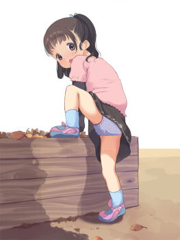 1girl anyannko artist_self-insert bad_id bad_pixiv_id bare_legs black_hair blush brown_eyes brown_hair female_focus highres leaf legs_apart loli looking_at_viewer looking_back open_mouth original panties pantyshot polka_dot polka_dot_panties ponytail purple_panties shirt shirt_under_shirt shoes short_hair skirt socks solo underwear upskirt