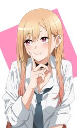 Rule 34 | 1girl, absurdres, black choker, blonde hair, blue necktie, choker, closed mouth, collared shirt, ear piercing, earrings, gradient hair, highres, index finger raised, jewelry, kitagawa marin, knew nothing, multicolored hair, necktie, piercing, pink eyes, pink hair, shirt, smile, solo, sono bisque doll wa koi wo suru, white shirt