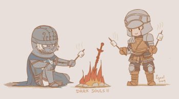 Rule 34 | 2019, 2boys, armor, artist name, black pants, black shirt, blue cape, blue eyes, bonfire (dark souls), boots, brown boots, brown vest, cape, chainmail, closed mouth, commentary, copyright name, creighton of mirrah, dark souls (series), dark souls ii, fire, food, full body, grey background, grey hair, helmet, highres, lynol, male focus, marshmallow, mask, masked, mild mannered pate, multiple boys, pants, pauldrons, roasted marshmallow, shirt, short hair, shoulder armor, simple background, sitting, smile, standing, sword, vest, weapon