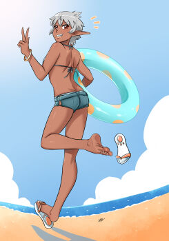 1girl absurdres barefoot beach bikini bikini_top_only blue_sky bracelet brown_eyes cloud dark-skinned_female dark_skin day feet female_focus flip-flops gold_bracelet grey_hair highres innertube jewelry light_lips lips looking_at_viewer looking_back lost_one_zero pointy_ears sandals short_shorts shorts sky smirk solo swim_ring swimsuit teeth water white_cloud