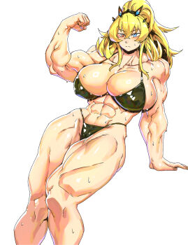 1girl abs absurdres bare_shoulders barghest_(fate) biceps bikini black_bikini blonde_hair breasts cleavage fate/grand_order fate_(series) flexing green_eyes hashtag-only_commentary heterochromia high_ponytail highleg highleg_bikini highres horns huge_breasts long_hair looking_at_viewer minew muscular muscular_female muscular_legs navel ponytail red_eyes sidelocks solo swimsuit thighs wet