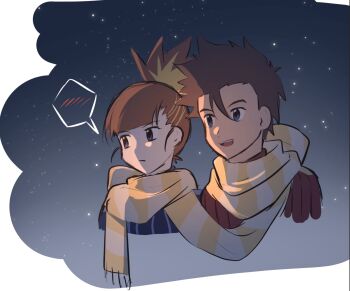 Rule 34 | 1boy, 1girl, akiyama ryo, blue eyes, blush, boyle, couple, digimon, highres, makino ruki, scarf, short hair