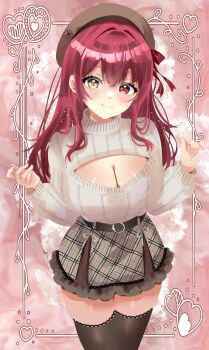 1girl alternate_costume black_thighhighs blush breasts cleavage cleavage_cutout closed_mouth clothing_cutout grey_skirt heterochromia highres hololive houshou_marine large_breasts looking_at_viewer red_eyes red_hair red_sweater rota_kokko skirt smile solo sweater thighhighs turtleneck turtleneck_sweater virtual_youtuber yellow_eyes