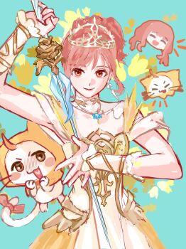 1girl ^_^ absurdres ahoge animal aqua_background armor blush blush_stickers bow bowtie breastplate brown_eyes cat chinese_commentary cloak closed_eyes closed_mouth clothed_animal collar commentary_request covered_collarbone cowboy_shot detached_collar dongfang_ji_yutang dot_nose dress ear_covers earrings feather_earrings feathers floral_background flower frilled_arm_warmers frilled_dress frills gold_tiara hair_bun happy head_only heart heart_in_mouth high_collar highres holding holding_sword holding_weapon hood hood_up hooded_cloak infinity_nikki jewelry lipstick long_hair long_sidelocks looking_at_viewer low_twintails makeup melody_bloom_(infinity_nikki) momo_(nikki) multiple_views nikki_(nikki) nikki_(series) notice_lines off-shoulder_dress off_shoulder open_mouth pink_hair pink_lips rapier red_bow red_bowtie short_hair_with_long_locks short_sleeves sidelocks single_hair_bun smile sword tail tail_bow tail_ornament tulip twintails updo wavy_hair weapon white_arm_warmers white_cat white_collar white_dress yellow_cloak yellow_flower