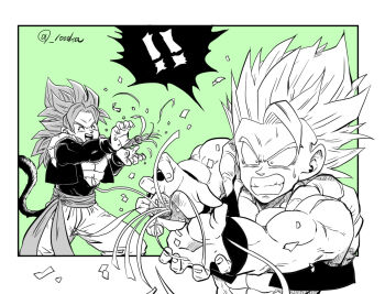 Rule 34 | !, !!, 2boys, abs, clenched teeth, closed eyes, commentary request, confetti, dragon ball, dragon ball gt, dragonball z, dual persona, gogeta, green background, greyscale with colored background, kamehameha (dragon ball), long hair, male focus, metamoran vest, monkey tail, multiple boys, muscular, muscular male, open mouth, party popper, senka-san, smile, super saiyan, super saiyan 1, super saiyan 4, sweat, tail, teeth, twitter username, vest
