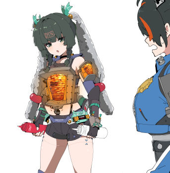 Rule 34 | 2girls, absurdres, android, archives.gokulism, black gloves, black hair, bottle, doner kebab, doner sandwich, gloves, green eyes, green hair, highres, holding, holding bottle, long hair, looking at viewer, meme, multicolored hair, multiple girls, open mouth, police, police uniform, qingyi (zenless zone zero), shawarmachine (meme), shorts, streaked hair, twintails, vertical rotisserie, white background, zenless zone zero, zhu yuan