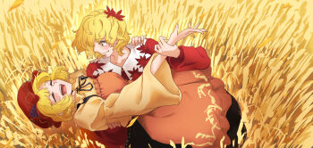 Rule 34 | 2girls, aki minoriko, aki shizuha, apron, black dress, black ribbon, blonde hair, blush, breasts, closed eyes, collar, dress, god g4mes, grape hat ornament, hair ornament, hand on another's back, hand on another's shoulder, hand on another's wrist, hat, highres, leaf hair ornament, medium breasts, mob cap, multiple girls, open mouth, orange apron, orange eyes, red dress, red hat, ribbon, shirt, short hair, smile, tango, touhou, wheat field, wheat print, white collar, yellow background, yellow shirt