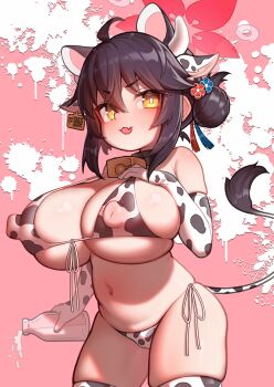 1girl akuma_(st.takuma) animal_ears animal_print bikini black_hair blue_archive bottle breasts commentary covered_erect_nipples cow_print cow_print_bikini cow_tail fake_tail hair_between_eyes highres holding holding_bottle kaede_(blue_archive) large_breasts looking_at_viewer milk milk_bottle navel nipples open_mouth oppai_loli print_bikini raccoon_ears raccoon_girl short_hair side-tie_bikini_bottom smile swimsuit tail yellow_eyes