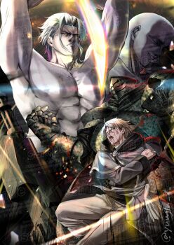 3boys absurdres armor bare_pectorals bleeding blood highres hitogami hitogami_(mushoku_tensei) holding holding_sword holding_weapon missing_limb multiple_boys mushoku_tensei orsted_(mushoku_tensei) pectorals rudeus_greyrat screaming shoulder_armor smile sword weapon yujin_(kanouyuuto-0423)