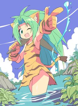 1girl animal_ears animal_print big_hair blue_sky boomerang cat_ears cat_tail cham_cham cloud day dress fang finger_gun gloves green_eyes green_hair highres holding_boomerang long_hair one_eye_closed open_mouth outdoors parted_bangs plant print_dress print_gloves roku_no_hito samurai_spirits short_dress sky sleeveless sleeveless_dress solo tail thighs tiger_print wading water