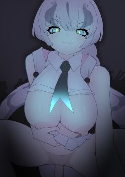 1boy 1girl black_necktie blue_eyes blush breasts breasts_out closed_mouth collared_shirt commentary_request feet_out_of_frame grey_background hetero highres illu_(illu_stratos) kemono_friends looking_at_viewer miniskirt necktie nipples no_bra no_panties penis pleated_skirt pov pov_crotch pussy shirt short_hair skirt skirt_set sleeveless sleeveless_shirt smile solo_focus squatting_cowgirl_position titanoboa_(kemono_friends) v-shaped_eyebrows white_hair white_shirt white_skirt yellow_pupils