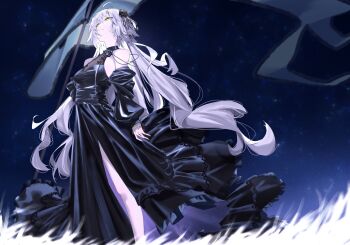 1girl bare_shoulders black_dress breasts commentary_request detached_sleeves dress fate/grand_order fate_(series) flag flower grey_hair hair_flower hair_ornament highres jeanne_d&#039;arc_alter_(fate) large_breasts long_hair night night_sky polearm ri_o_ne_su sky solo very_long_hair weapon yellow_eyes