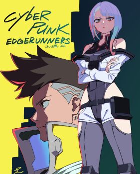 1boy 1girl breasts brown_eyes cd_projekt_red copyright_name cyberpunk_(series) cyberpunk_2077 cyberpunk:_edgerunners david_martinez green_eyes highres looking_at_viewer lucy_(cyberpunk) medium_breasts piko_han purple_hair short_hair trigger_(company)