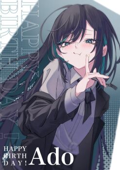 1girl ado_(utaite) altruist_0722 black_bow black_bowtie black_coat black_hair blue_eyes blue_hair blush bow bowtie chando_(ado) character_name closed_mouth coat collared_shirt colored_inner_hair commentary dress_shirt english_commentary food food_on_face fork happy_birthday highres holding holding_fork long_hair mole mole_under_eye multicolored_hair open_clothes open_coat shirt solo utaite white_shirt