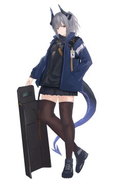 1girl absurdres arknights ballistic_shield black_horns black_skirt blue_jacket brown_thighhighs closed_mouth commentary dragon_girl dragon_horns dragon_tail full_body grey_hair hand_in_pocket highres horns jacket light_smile liskarm_(arknights) long_sleeves looking_at_viewer miniskirt open_clothes open_jacket red_eyes shield short_hair shuuka simple_background skirt solo standing tail thighhighs walkie-talkie white_background