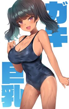 1girl :d text_background bare_arms bare_shoulders black_hair black_one-piece_swimsuit blush borrowed_character breasts cleavage collarbone competition_school_swimsuit covered_navel fang hand_on_own_chest highres large_breasts long_hair looking_at_viewer one-piece_swimsuit one-piece_tan open_mouth original purple_eyes red_hair sasaki_kanna school_swimsuit skin_fang smile solo swimsuit tan tanline thighs twintails usa_b water wet white_background