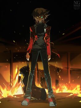 1boy absurdres bag black_shirt blue_pants brown_hair closed_mouth cocaduel duel_academy_uniform_(yu-gi-oh!_gx) duffel_bag fire full_body green_eyes hair_between_eyes heterochromia highres holding holding_bag jacket long_sleeves looking_at_viewer male_focus open_clothes open_jacket orange_eyes pants red_jacket shirt short_hair smile solo standing yu-gi-oh! yu-gi-oh!_3d_bonds_beyond_time yu-gi-oh!_gx yuki_judai