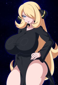 1girl absurdres blonde_hair breasts covered_navel cynthia_(pokemon) dress grey_eyes hair_over_one_eye half-closed_eye hand_on_own_hip highres huge_breasts legs long_hair looking_at_viewer mature_female nintendo pink_lips pokemon pokemon_dppt rockmangrave seductive_gaze seductive_smile smile solo thick_thighs thighs very_long_hair