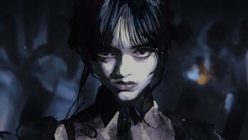 1girl black_dress black_hair blunt_bangs close-up closed_mouth collared_dress dress hair_bun hashtag-only_commentary highres looking_at_viewer makeup mascara realistic runa_3152 sidelocks solo the_addams_family wednesday_(netflix) wednesday_addams