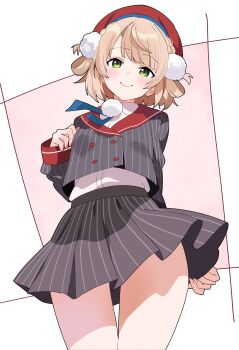 1girl absurdres arm_behind_back beret blonde_hair blue_ribbon blunt_bangs braid buttons closed_mouth collared_shirt commentary_request double-breasted dress_shirt green_eyes grey_jacket grey_skirt hair_ornament hair_rings hat highres hutaba_haru indie_virtual_youtuber jacket long_sleeves looking_at_viewer miniskirt neck_ribbon pinstripe_jacket pinstripe_pattern pinstripe_skirt pleated_skirt pom_pom_(clothes) pom_pom_hair_ornament red_hat red_sailor_collar ribbon sailor_collar school_uniform shigure_ui_(vtuber) shigure_ui_(vtuber)_(1st_costume) shirt short_hair side_braid side_up_ring simple_background skirt sleeve_cuffs sleeves_past_wrists smile solo standing swept_bangs virtual_youtuber white_shirt