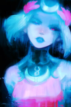 1girl alex_chow black_background black_sclera blue_theme colored_sclera commentary crescent hades_(series) hades_2 half-closed_eyes heterochromia highres looking_at_viewer melinoe_(hades) mismatched_sclera parted_lips portrait red_eyes shiny_skin short_hair sleeveless solo surreal thick_lips