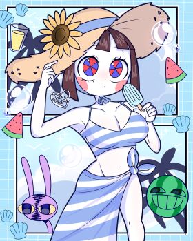 1girl absurdres bikini blue_eyes blue_sarong blush_stickers breasts brown_hair cleavage colored_skin flower food fruit glitch_productions hat highres jax_(the_amazing_digital_circus) large_breasts looking_at_viewer multicolored_eyes multicolored_sarong navel outdoors pomni_(the_amazing_digital_circus) red_eyes sarong short_hair striped_bikini striped_clothes striped_sarong sun_hat sunflower swimsuit the_amazing_digital_circus theeanimatour two-tone_eyes watermelon white_skin