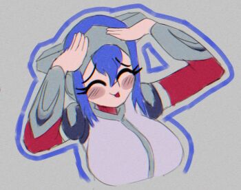 1girl ah_eto..._bleh_(meme) arm_warmers armor blue_hair blue_outline breasts closed_eyes cropped_torso crosscode grey_background hair_between_eyes hands_on_own_head large_breasts lea_(crosscode) medium_hair meme miks381 outline red_sleeves simple_background solo tongue tongue_out