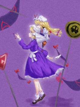 2girls absurdres blonde_hair bow brown_shoes collared_dress commentary contrast_collar dress dress_bow frilled_dress frills gap_(touhou) gloves hair_bow hands_on_another's_face hat hat_ribbon highres long_hair long_sleeves maribel_hearn mob_cap multiple_girls open_mouth purple_background purple_dress purple_eyes purple_tabard reaching reaching_towards_another red_bow red_ribbon ribbon road_sign sash shadow shoes short_hair sign sleeve_cuffs smile socks tabard touhou user_rphs2784 walking white_dress white_gloves white_hat white_sash white_sleeves white_socks yakumo_yukari