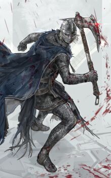 1boy absurdres armor axe blood blood_on_clothes bloody_weapon blue_cape blue_eyes cape chainmail clenched_hand commentary creighton_of_mirrah dark_souls_(series) dark_souls_ii english_commentary full_body glint grey_background grey_hair helmet highres holding holding_axe looking_at_viewer male_focus mask masked nslacka short_hair solo torn_cape torn_clothes weapon