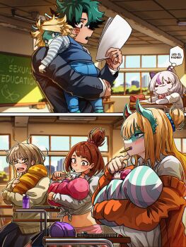 1boy 4girls :3 absurdres animal_ears baby bespectacled black_jacket black_skirt blue_eyes blue_pants blue_vest blurry blurry_background blush blush_stickers boku_no_hero_academia book bow bowtie brown_eyes brown_hair cardigan carrying carrying_baby carrying_person chalkboard closed_mouth collared_shirt colored_skin commentary commission day english_text eraser father_and_child furry furry_female glasses green_eyes green_hair green_skin hair_bun harem hetero highres holding holding_paper holding_pencil indie_virtual_youtuber indoors ippan_josei jacket jewelry long_hair long_sleeves looking_at_another looking_at_object looking_at_viewer looking_back midoriya_izuku mother_and_child mouth_hold multicolored_hair multicolored_skin multiple_girls open_mouth orange_sweater pants paper parent_and_child pencil pencil_case pink_bow pink_bowtie polyamory ponytail purple_hair reading ring scar scar_on_face scar_on_hand school shirt short_hair short_ponytail sidelocks sitting skirt spanish_commentary spanish_text speech_bubble standing streaked_hair striped_clothes striped_shirt suit_jacket sunlight swaddled sweater table tammy_bb_(vtuber) teacher teacher_and_student thought_bubble tied_shirt toga_himiko translated transom_window two-tone_skin uraraka_ochako vest virtual_youtuber vlizz white_hair white_shirt white_skin window yellow_cardigan yellow_eyes
