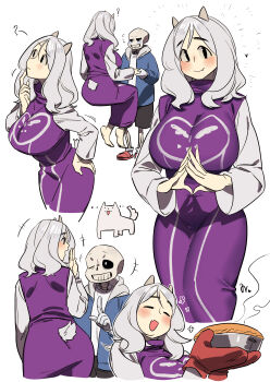 1boy 1girl absurdres black_eyes breasts closed_eyes dog dress highres invisible_chair large_breasts long_hair long_sleeves multiple_views nia_(nia4294) open_mouth own_hands_together profile purple_dress sans_(undertale) shirt simple_background sitting smile toriel undertale utdr_(toby_fox) white_background white_hair white_shirt