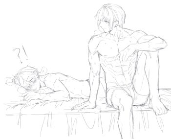 !? 2boys absurdres arm_on_knee bed blush boxers bruise chair commentary feet_on_chair flying_sweatdrops fujishima_megumi genderswap genderswap_(ftm) greyscale highres implied_after_sex injury knee_up link!_like!_love_live! love_live! lying male_underwear monochrome multiple_boys muscular muscular_male nipples nose_blush on_bed on_stomach otomune_kozue profile short_hair simple_background sitting topless_male underwear virtual_youtuber white_background yaoi zenma_trang