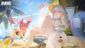 Rule 34 | 3girls, a.c.p.u. (nikke), artist request, ball, bandaid, bandaid on knee, bandaid on leg, beach, beach volleyball, bikini, blush, breasts, brown hair, cavehuuu, coconut, coconut cup, day, dog, drinking straw, fang, fruit as cup, goddess of victory: nikke, green eyes, hair ornament, hat, highres, jumping, large breasts, long hair, miranda (nikke), multiple girls, navel, neckerchief, net, open mouth, outdoors, palm tree, pink hair, playing sports, poli (nikke), police, police uniform, policewoman, quiry (nikke), sailor collar, sand, small breasts, smile, swimsuit, tree, twintails, very long hair, volleyball, volleyball (object), volleyball net, white hair
