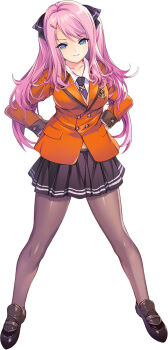 1girl black_skirt blazer blue_eyes breasts choukou_(alicesoft) choukou_taisen_escalation_heroines full_body hands_on_own_hips jacket large_breasts long_hair makishima_chika min-naraken necktie official_art pink_hair skirt smile solo spread_legs standing tachi-e