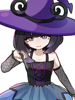 1girl alternate_costume black_hair bob_cut closed_mouth detached_sleeves dress fishnet_sleeves fishnets gradient_hair gwynn_(pokemon) hat highres looking_at_viewer meta-g_(curc8737) multicolored_hair nintendo pokemon pokemon_legends:_z-a purple_eyes purple_hair purple_hat short_hair smile solo white_background witch_hat