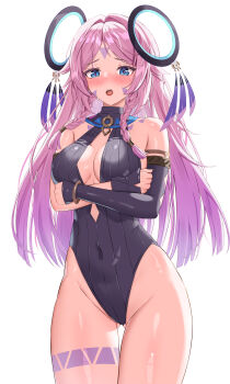 !? 1girl absurdres arms_under_breasts asymmetrical_gloves bare_shoulders black_gloves black_leotard blue_eyes blush breasts citlali_(genshin_impact) cleavage commentary covered_navel dokimaru english_commentary facial_mark fingerless_gloves floating_headgear forehead_mark genshin_impact gloves gluteal_fold headgear highres leotard long_hair medium_breasts multicolored_hair open_mouth pink_hair purple_hair simple_background solo textless_version triangle triangle_facial_mark uneven_gloves very_long_hair white_background