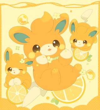brown_eyes closed_mouth commentary_request flower food fruit highres nintendo no_humans one_eye_closed open_mouth orange_(fruit) orange_theme pawmi pokemon pokemon_(creature) smile ushiina