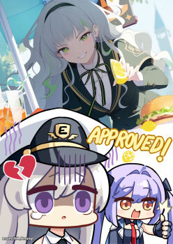 3girls azur_lane blue_gloves blue_jacket broken_heart burger chibi commentary crazy_straw crossover detached_collar drinking_straw earrings english_commentary english_text enterprise_(azur_lane) essex_(azur_lane) fingerless_gloves firenze_(stella_sora) food fruit gloom_(expression) gloves green_eyes green_hair grey_hair grin hair_intakes hat heart heart_straw highres hm_(hmongt) iced_tea jacket jacket_on_shoulders jewelry lemon military_hat mole mole_under_eye multicolored_hair multiple_girls neck_ribbon necktie official_art_inset orange_eyes peaked_cap purple_eyes purple_hair red_necktie ribbon school_uniform smile stella_sora streaked_hair tearing_up thumbs_up twintails twitter_username wavy_hair
