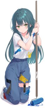 1girl absurdres asymmetrical_legwear collarbone denim eyelashes gakuen_idolmaster green_eyes green_hair hair_flaps high-waist_pants highres holding_paint_roller idolmaster kitano_yukito kneeling long_hair looking_at_viewer paint paint_on_body paint_on_clothes paint_roller paint_splatter paint_stains pants shadow shirt shoes short_sleeves sneakers solo tsukimura_temari white_background white_shirt white_shoes