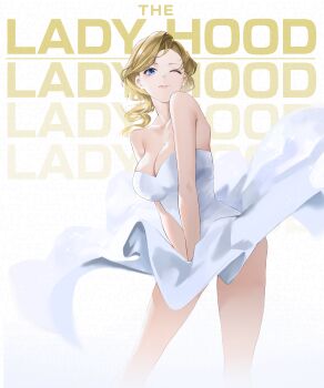 1girl absurdres azur_lane blonde_hair blue_eyes breasts character_name cleavage collarbone dress english_text hair_over_shoulder highres hood_(azur_lane) large_breasts looking_at_viewer marilyn_monroe one_eye_closed scarfpen01 sleeveless sleeveless_dress strapless strapless_dress the_seven-year_itch white_background white_dress wind wind_lift