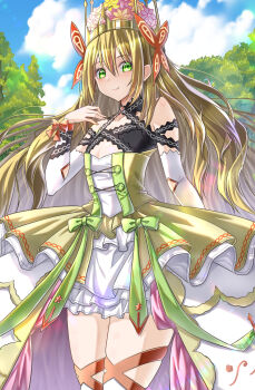 1girl absurdres bare_shoulders blonde_hair blue_sky blush bow breasts butterfly_hair_ornament celine_(fire_emblem) cleavage closed_mouth cloud collarbone commentary_request cross-laced_clothes cross-laced_dress crown dress fire_emblem fire_emblem_engage flower green_eyes hair_ornament hand_up highres long_hair looking_at_viewer nintendo orange_bow outdoors princess skindentation sky small_breasts smile solo thighs tree very_long_hair wade_(njud8343) wrist_bow yellow_dress