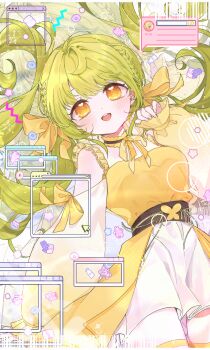 1girl :d absurdres barcode battery_indicator blush bow bow_choker braid candy choker commission cowboy_shot cursor dodobam dress food frills green_hair hair_bow highres long_hair long_sleeves looking_at_viewer open_mouth orange_eyes original ribbon smile solo thighhighs twintails very_long_hair window_(computing) yellow_bow yellow_dress yellow_eyes yellow_ribbon yellow_thighhighs