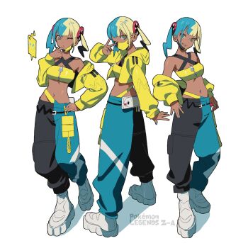 1girl bandeau betti_(xx_betti) black_hair black_mask black_pants blonde_hair blue_eyes blue_hair blue_pants canari_(pokemon) copyright_name dark-skinned_female dark_skin full_body gen_4_pokemon highres holding holding_poke_ball jacket looking_at_viewer mask mask_pull mouth_mask multicolored_hair multiple_views nintendo open_mouth pants poke_ball poke_ball_(basic) pokemon pokemon_legends:_z-a rotom rotom_phone shoes simple_background standing two-tone_mask two-tone_pants white_background white_shoes yellow_bandeau yellow_jacket yellow_mask